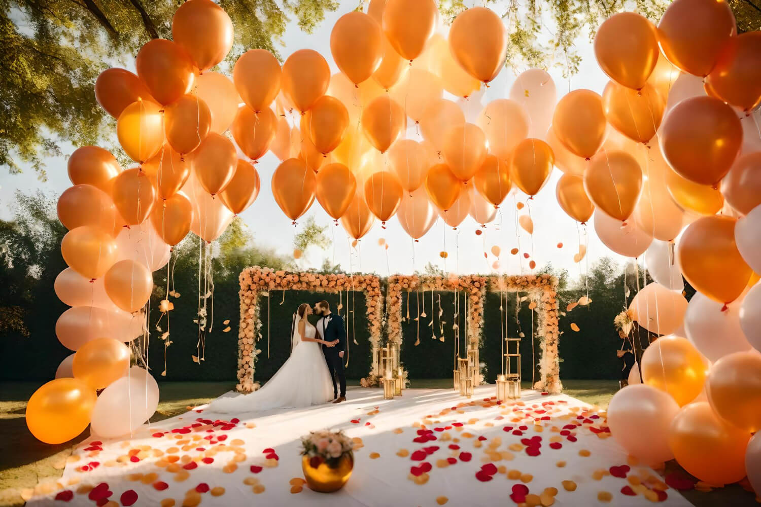 bride groom kiss canopy balloons